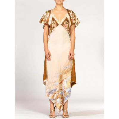 MORPHEW COLLECTION Pastel Earthtone Silk Backless Three- Scarf Dress