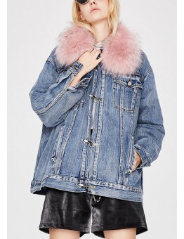 Fashion denim blue Pink fur collar Winter Duck Down Jacket