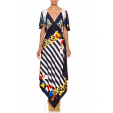 MORPHEW COLLECTION Navy Blue & White Silk Twill Stripe Versace Style Print 3-Scarf Dress