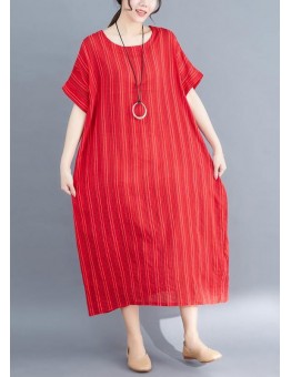 French red linen cotton dresses striped cotton summer Dress