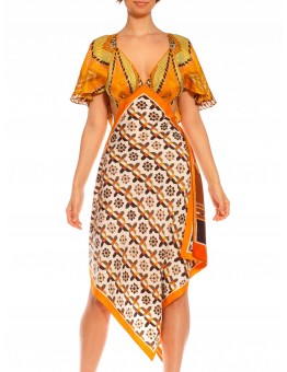 MORPHEW COLLECTION Orange, White & Brown Silk Twill Dots Geometric Print 3-Scarf Dress Made From Vintage Scarves