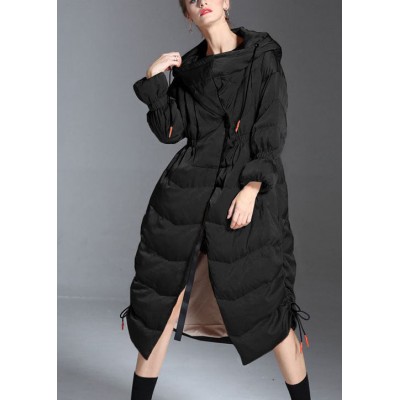 Trendy Black hooded drawstring slim fit Winter Duck Down down coat