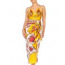 MORPHEW COLLECTION Yellow & Red Bias Cut Silk Jacquard Sagittarius Multi-Way Scarf Dress