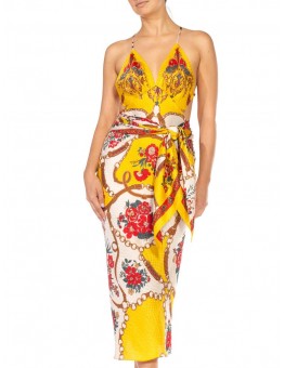 MORPHEW COLLECTION Yellow & Red Bias Cut Silk Jacquard Sagittarius Multi-Way Scarf Dress