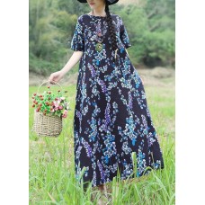 Unique blue prints cotton tunic top Casual design loose waist loose summer Dress