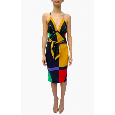 MORPHEW COLLECTION Black, Yellow, Green & Red Silk Geometric Scarf Dress Made From Louis Feraud Vintage