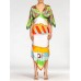 MORPHEW COLLECTION Olive Green, Orange & Red Silk Floral Geo Dress With Swan Print