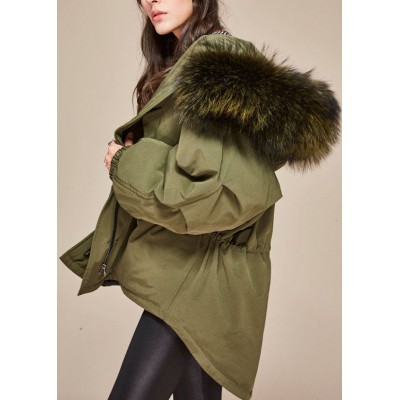 Trendy Army Green hooded Raccoon hair collar drawstring Winter Duck Down down coat