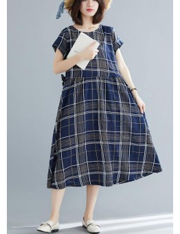 Italian drawstring cotton dresses Work Outfits blue plaid Dresses summer