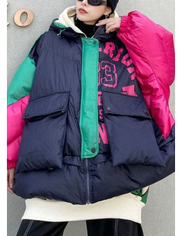 Elegant Navy Pockets Patchwork Thick Winter Cotton Puffer Jacket