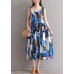 Modern blue floral linen cotton clothes For Women tie waist loose summer Dress