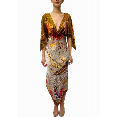 MORPHEW COLLECTION Gold Multi Silk Status & Scenic Print 2-Scarf Dress Made From Vintage Scarves