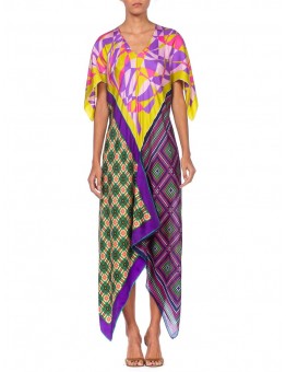 MORPHEW COLLECTION Multicolor Geometric Bias Cut Kaftan  Dress Made From 1960'S Silk Scarves