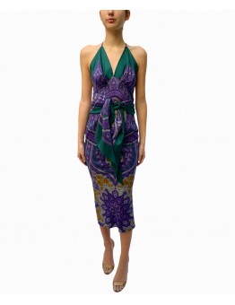 MORPHEW COLLECTION Purple & Green Silk Twill Floral Print Scarf Dress Made From  Vintage Scarves