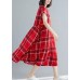 French red plaid linen cotton quilting clothes big hem Dresses summer Dresses