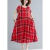 French red plaid linen cotton quilting clothes big hem Dresses summer Dresses